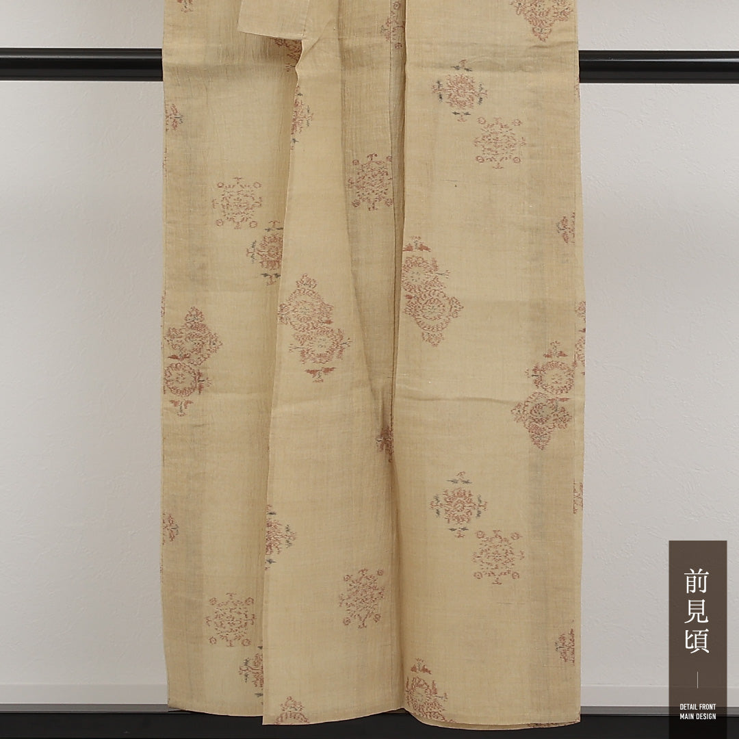 夏物 洗える着物 麻の紬 身丈150cm 裄丈63cm 麻 Cランク カジュアル バチ衿 Sサイズ 菊唐草文 ベージュ系 RP 1223-17289
