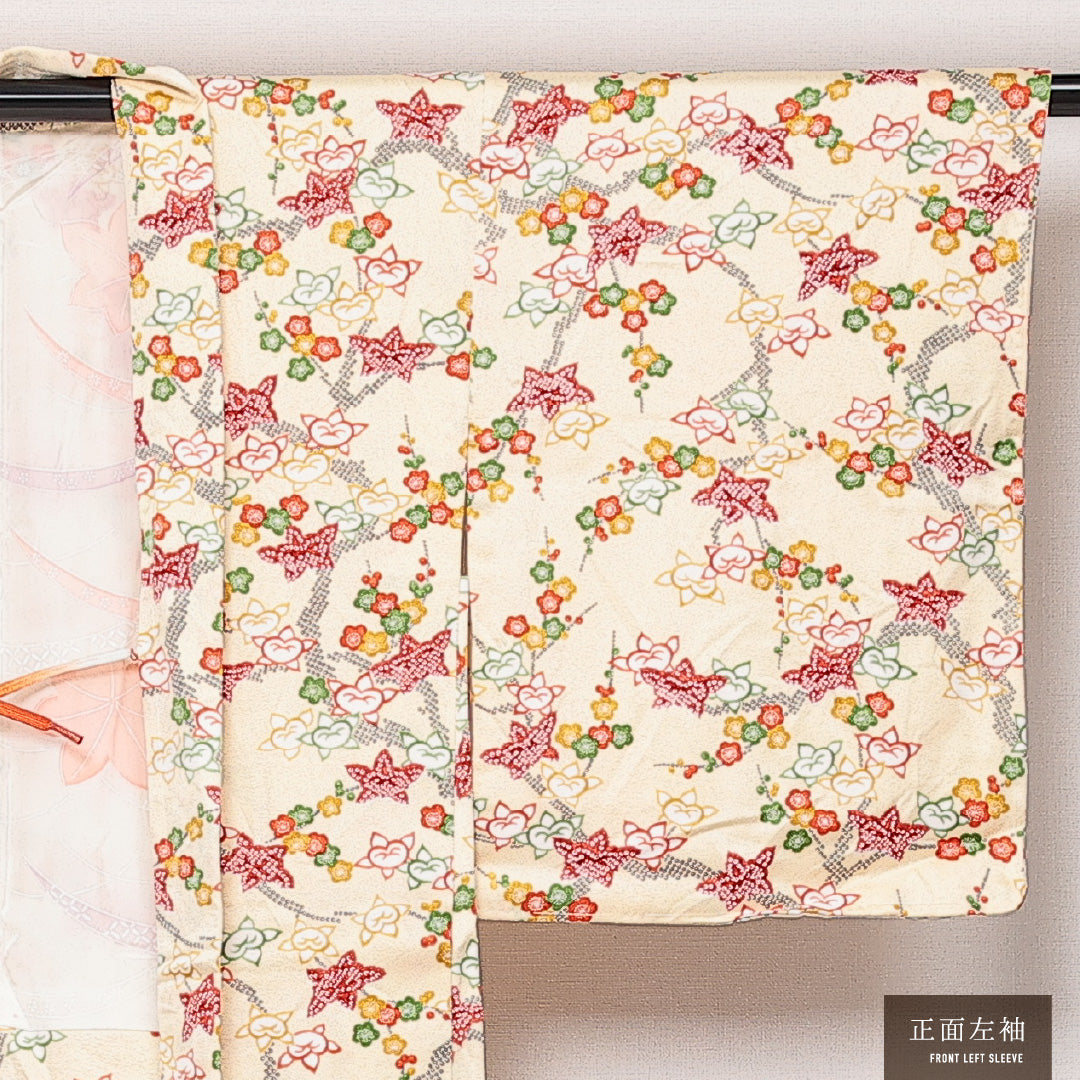 未使用品 羽織 袷 身丈83cm 裄丈64cm 正絹 Sランク カジュアル Mサイズ 紐あり しつけ糸 梅 紅葉 橘 クリーム系 RP 1232-13818
