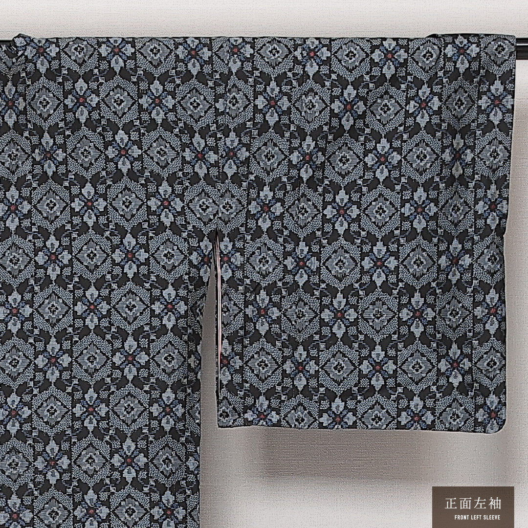 道行コート (大島紬) 袷 身丈84cm 裄丈64cm 正絹 Sランク インフォーマル Mサイズ 経緯絣 ポケットあり 花柄 青系 RP 1237-13802