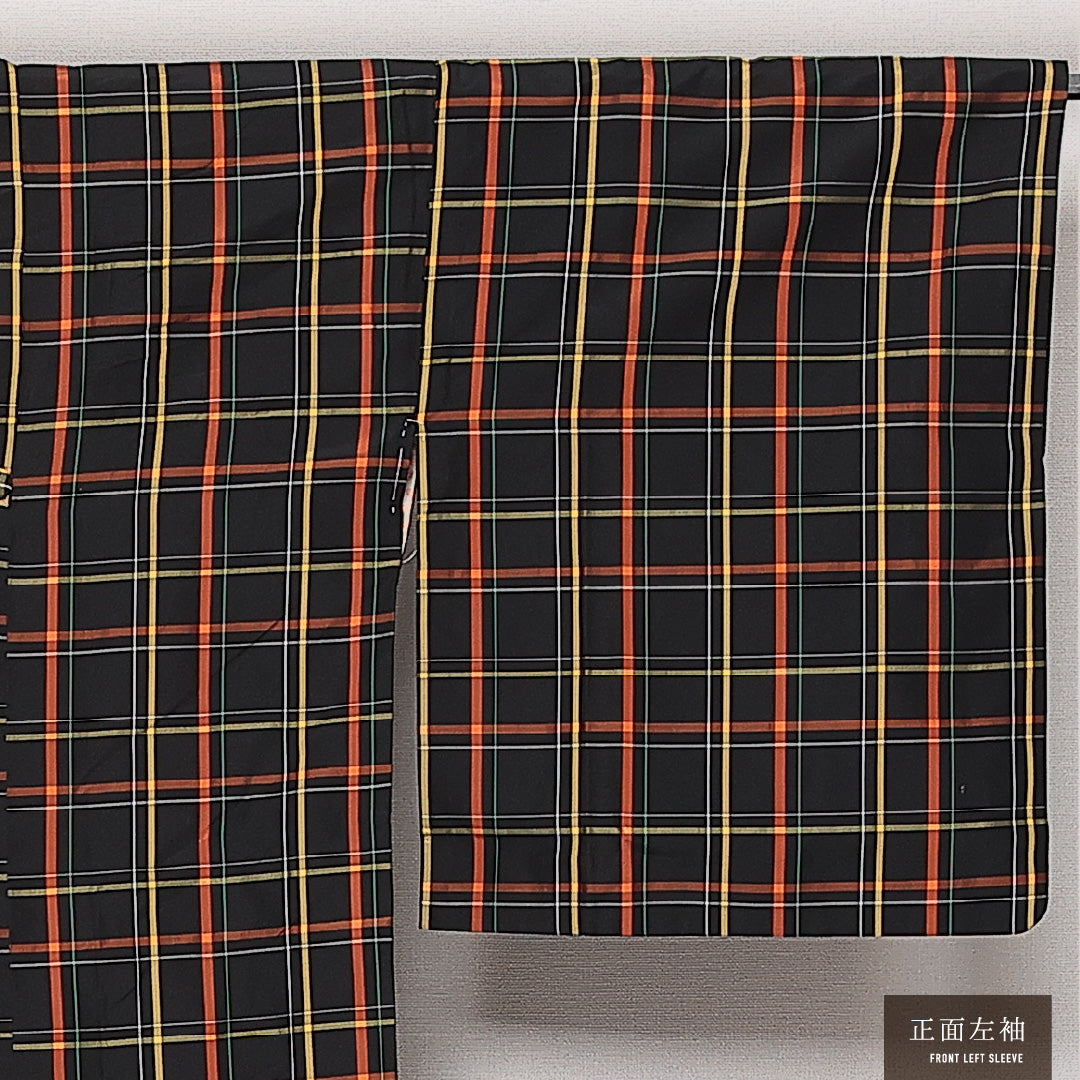 道行コート (大島紬) 袷 身丈87cm 裄丈66cm 正絹 Aランク インフォーマル Mサイズ 緯総絣 ポケットあり 格子 紺系 RP 1237-13800