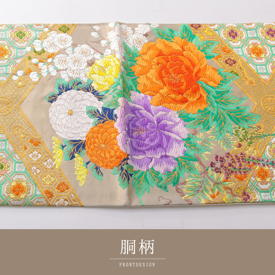 袋帯 帯丈430cm フォーマル 六通 Cランク 正絹 唐織 蜀江 牡丹 クリーム系 1223-02161