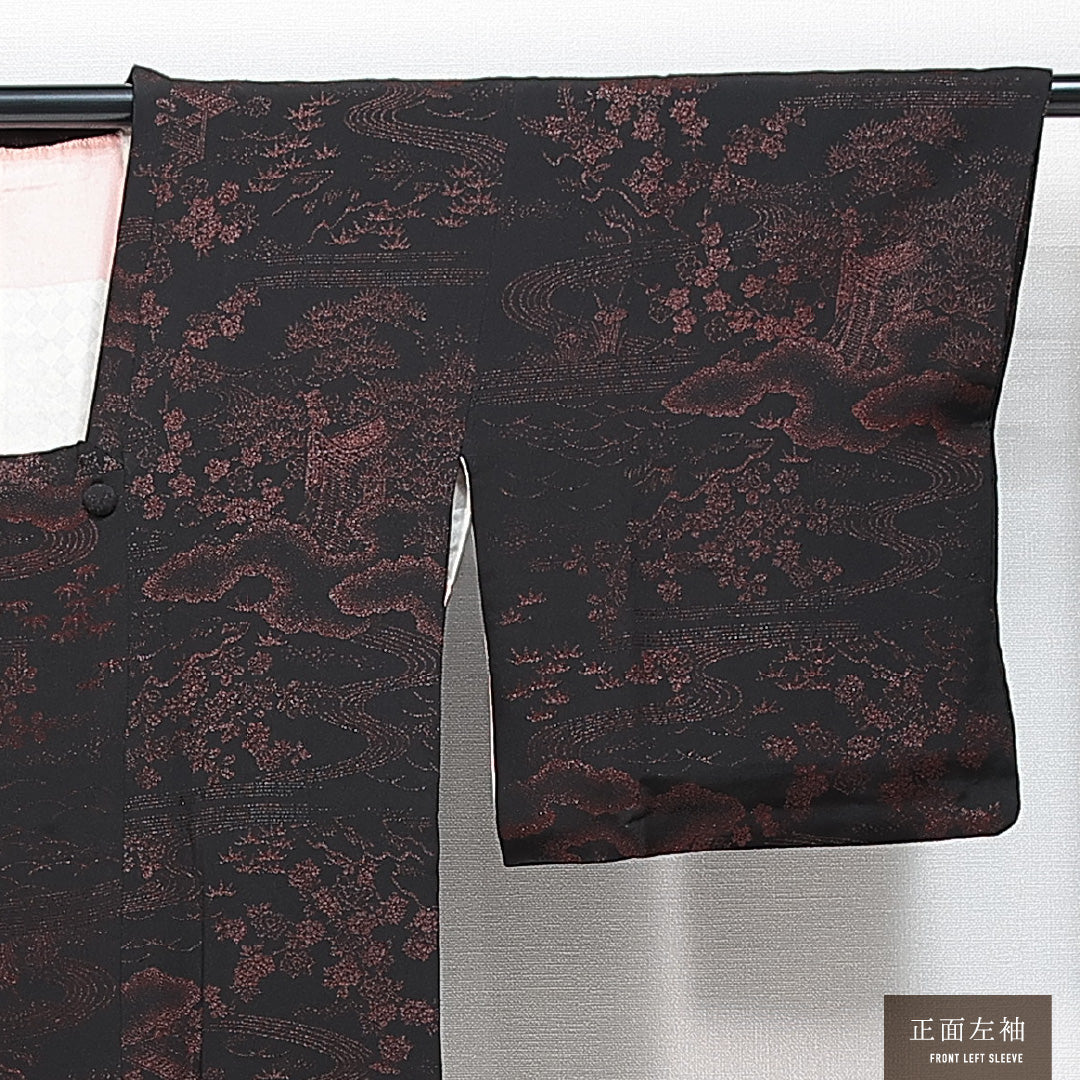 道行コート 袷 身丈86cm 裄丈61cm 正絹 Sランク セミフォーマル Sサイズ ポケットあり 風景柄 黒系 RP 1237-14839