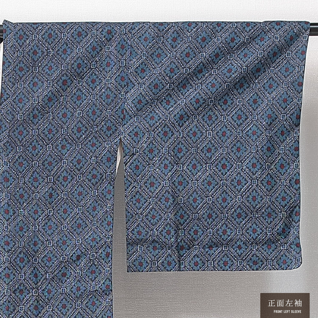 道行コート 袷 身丈88cm 裄丈66cm 正絹 Sランク セミフォーマル Mサイズ ポケットあり 花菱 紺系 RP 1237-14667