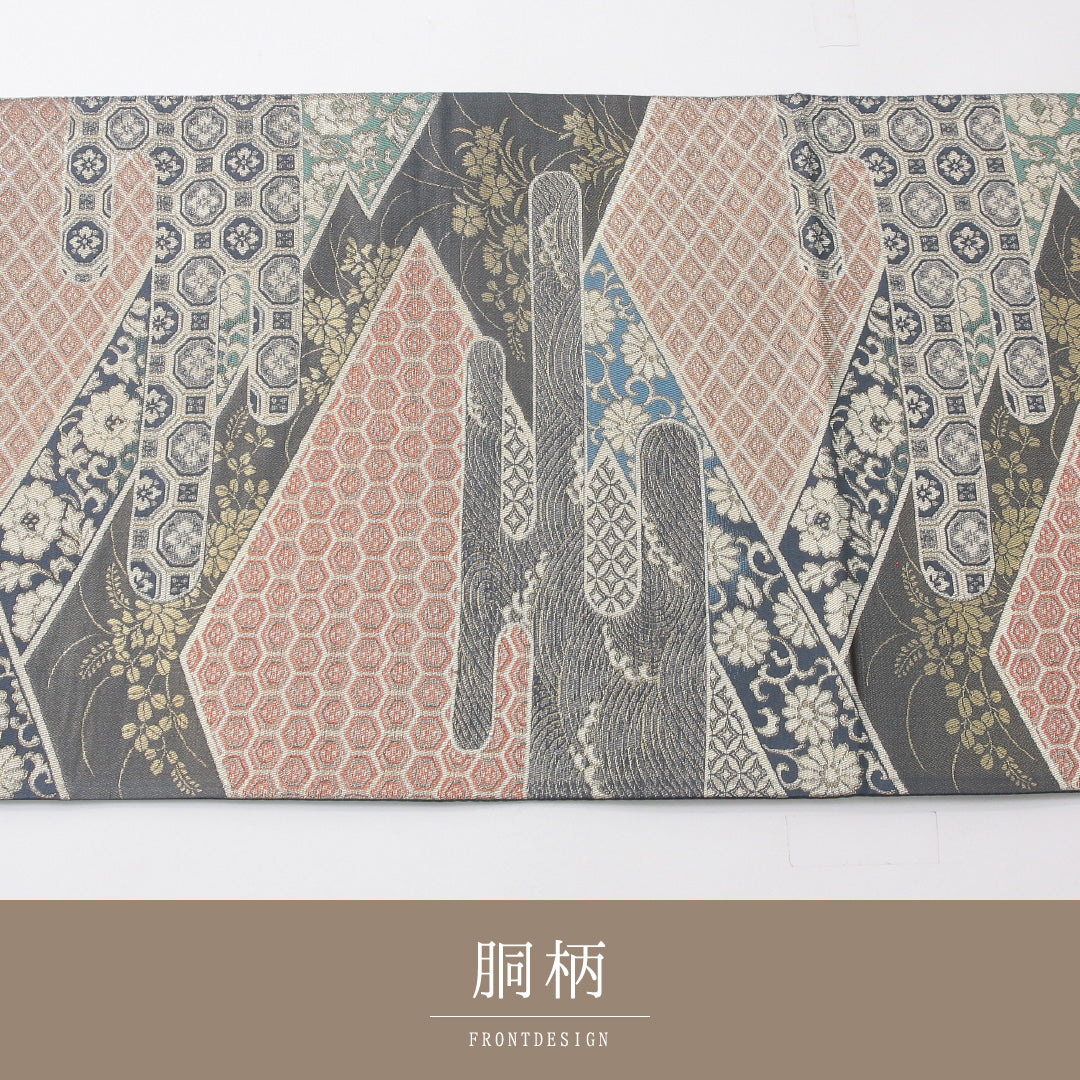 袋帯 帯丈424cm 正絹 六通 帯芯なし フォーマル 松皮菱 吉祥文様 青系 1243-02242