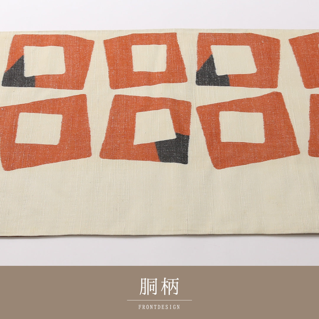 袋帯（紬） 帯丈442cm 正絹 全通 カジュアル 創作柄 クリーム系 1243-01673