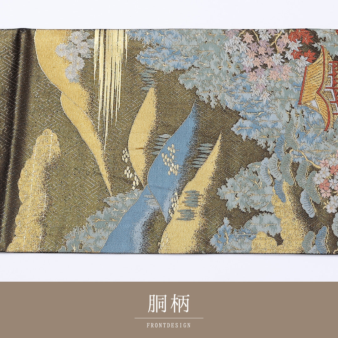 袋帯 帯丈436cm 六通 春日大社東西御廊 寺社仏閣 笠松 桜 紅葉 フォーマル 緑系 正絹 Sランク 1223-00957