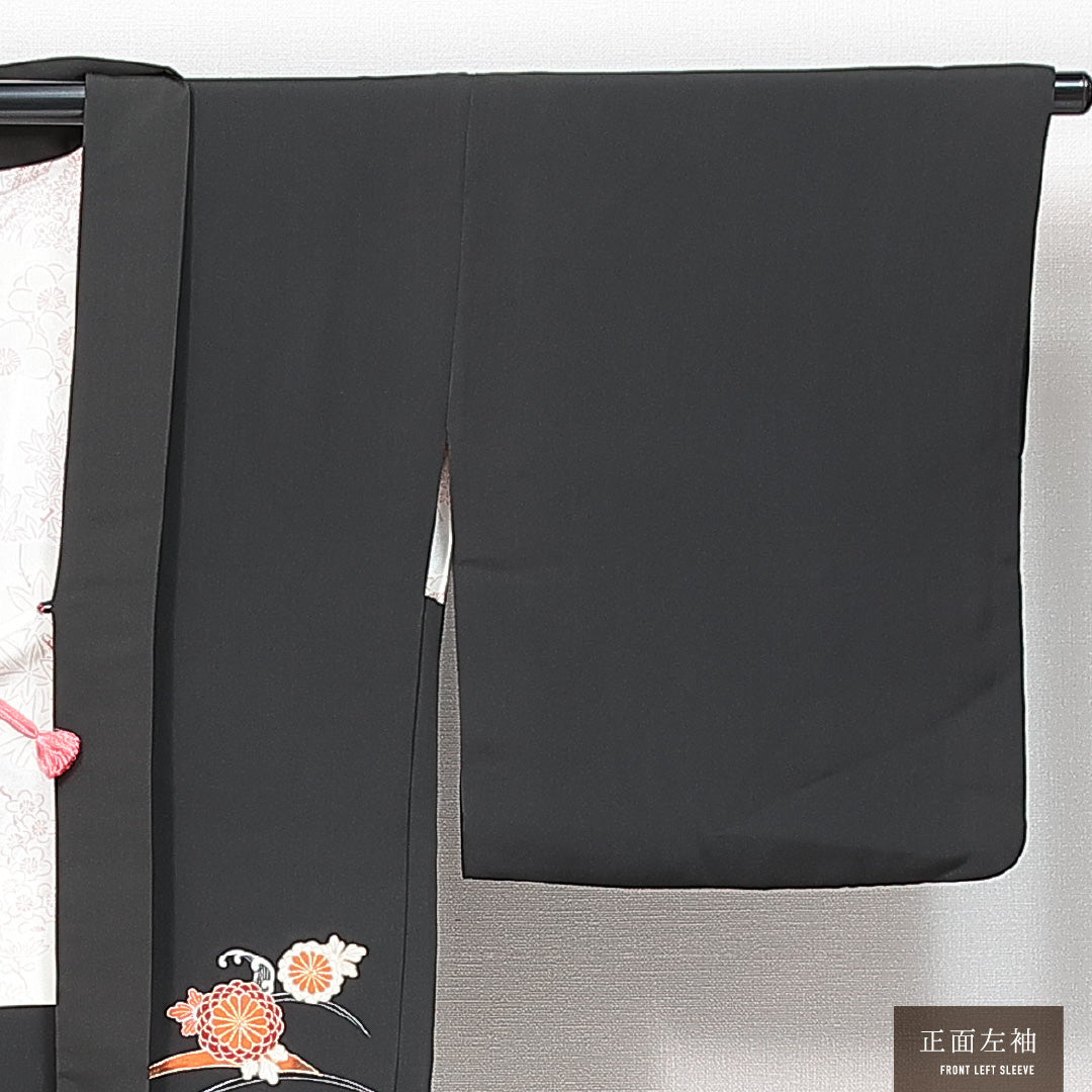 黒羽織 袷 身丈79cm 裄丈64cm 正絹 Sランク Mサイズ インフォーマル 紐あり 絵羽羽織 菊 黒系 1217-14758
