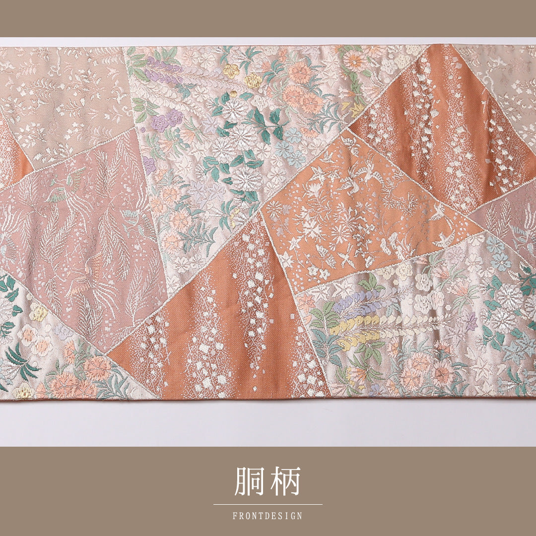 袋帯 帯丈442cm 六通 フォーマル Sランク 正絹 尾長鳥 藤 古典的 華やか 朱系 1223-01593