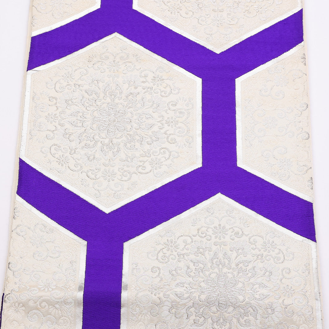 モダン 袋帯 帯丈420cm 六通 宝相華 亀甲 銀系 フォーマル 白系 正絹 Cランク 1223-00871