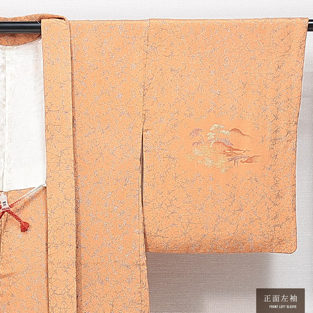 羽織（お召） 袷 身丈82cm 裄丈64cm 正絹 Aランク Mサイズ カジュアル 紐あり 山 松 漆糸 朱系 1217-14851