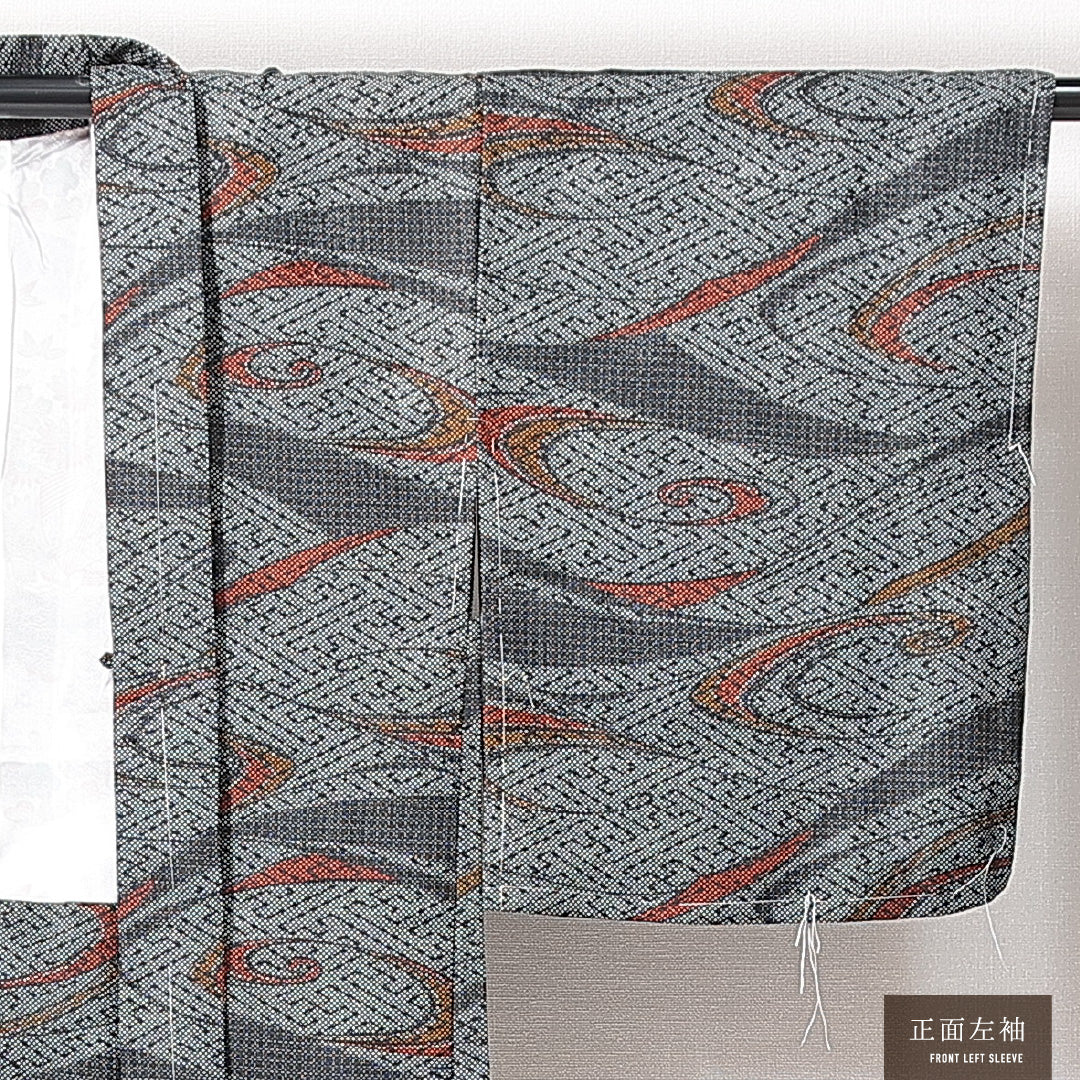 新古品 小紋 アンサンブル 洗える着物 袷 身丈159cm 裄丈64cm ポリエステル Nランク Mサイズ インフォーマル 渦 紗綾型 しつけ糸 グレー系 1215-14815