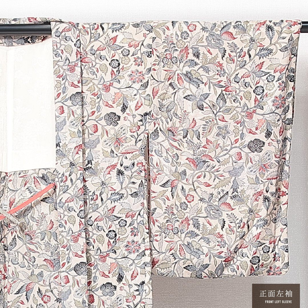 羽織 袷 身丈85cm 裄丈62cm 正絹 Aランク カジュアル Sサイズ 紐あり 植物柄 クリーム系 RP 1232-14704