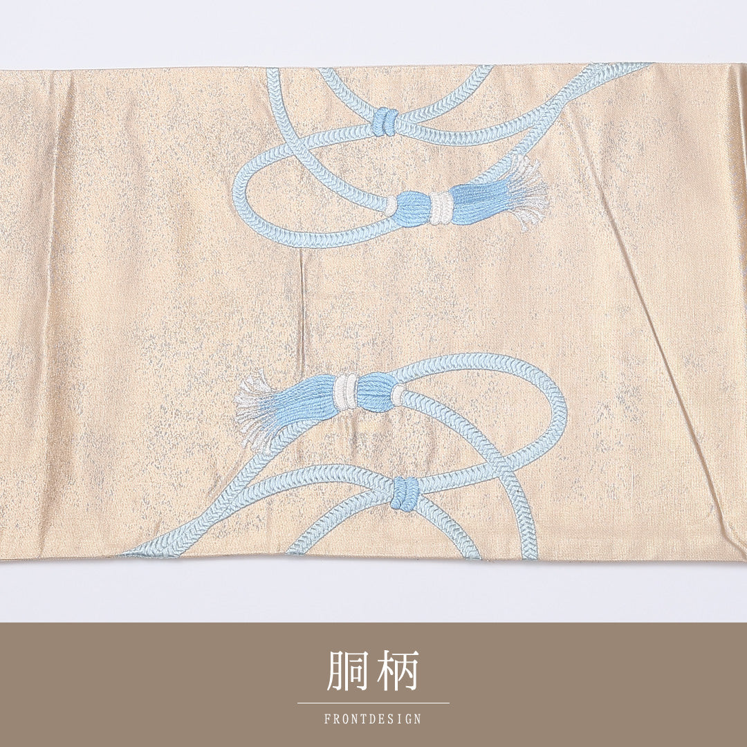 袋帯 帯丈412cm ポイント柄 引箔 雪輪 組紐 セミフォーマル クリーム系 正絹 Aランク 1223-00969