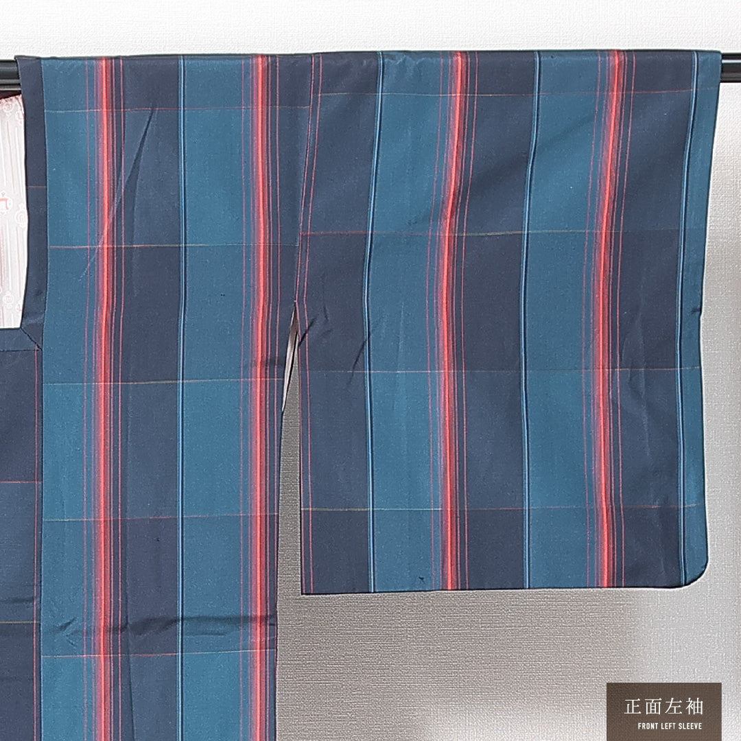 道行コート 袷 身丈87cm 裄丈65cm 正絹 Sランク セミフォーマル Mサイズ ポケットあり 格子 青系 RP 1237-14670