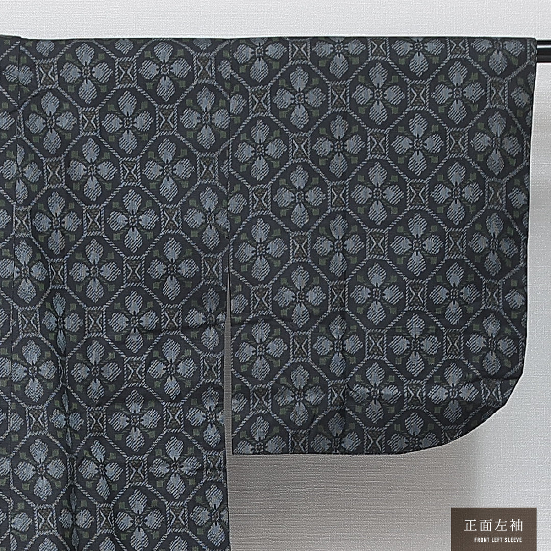 道中着 袷 身丈79cm 裄丈66cm 正絹 Sランク カジュアル Mサイズ 蜀江 花菱 紺系 RP 1236-14663