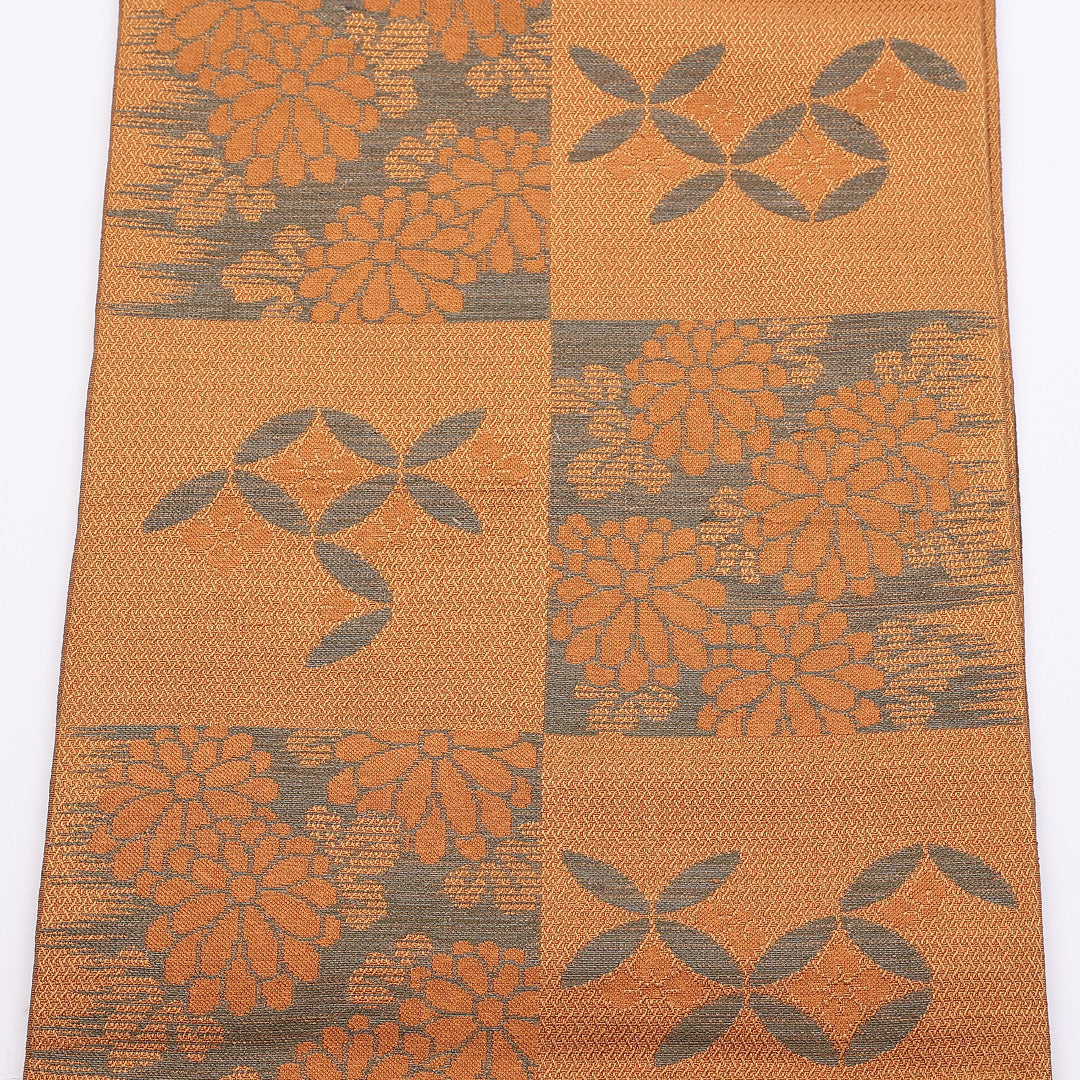 袋帯 帯丈404cm 正絹 全通 帯端のみ未仕立て 帯芯なし インフォーマル 京袋帯 市松 菊 七宝 茶系 1243-00844