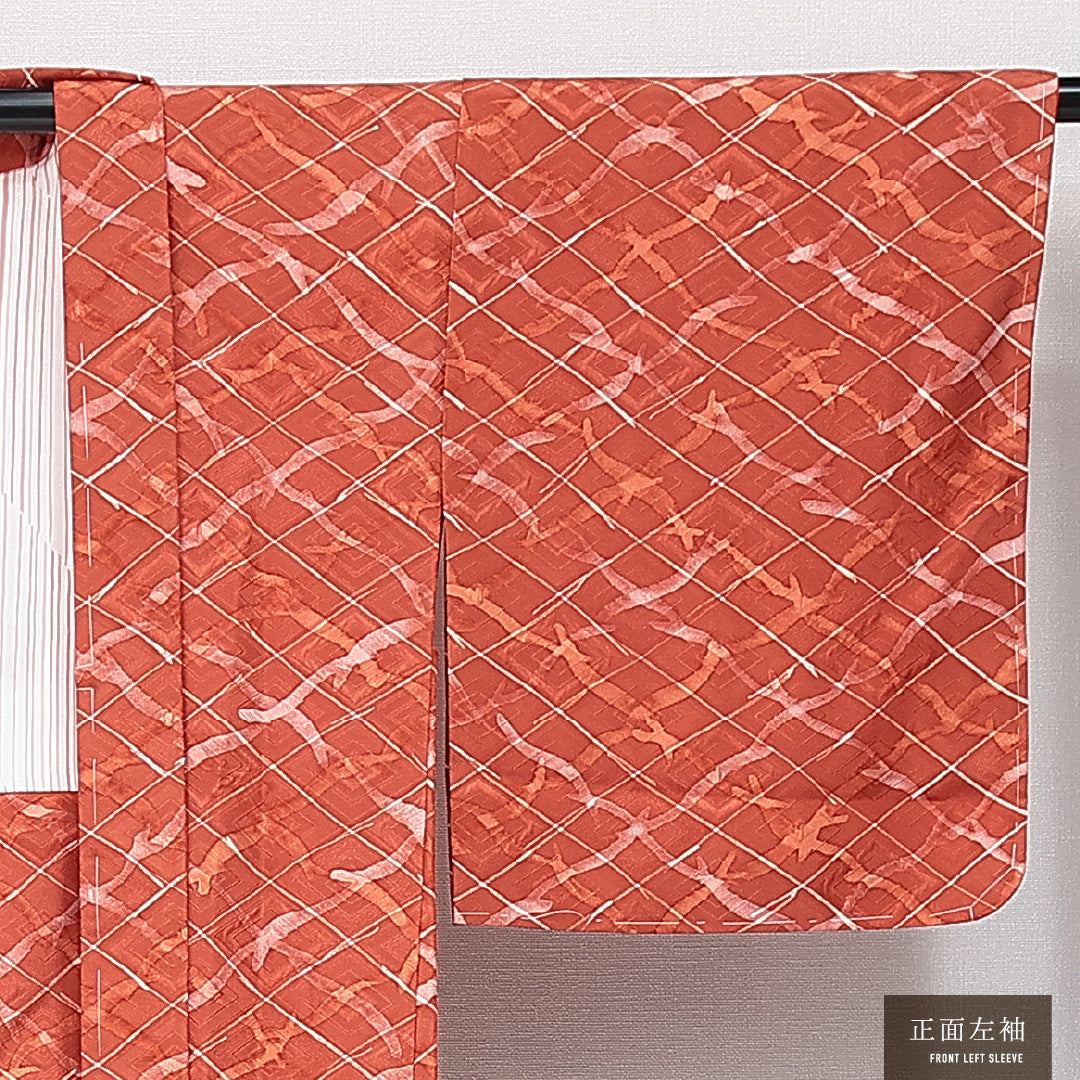 羽織 袷 身丈82cm 裄丈65cm 正絹 Sランク カジュアル Mサイズ 菱 朱系 RP 1232-14653