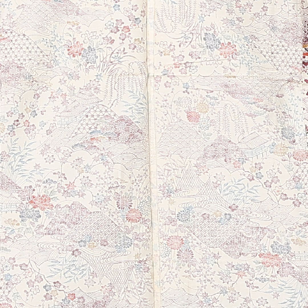 紬 身丈164cm 裄丈66cm Cランク L 正絹 単衣 広衿 茶屋辻 後染め カジュアル クリーム系 1216-12216