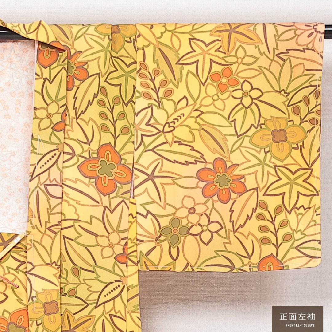 未使用品 羽織 袷 身丈81cm 裄丈64cm 正絹 Nランク カジュアル Mサイズ 紐あり しつけ糸 花柄 楓 黄系 RP 1232-13908