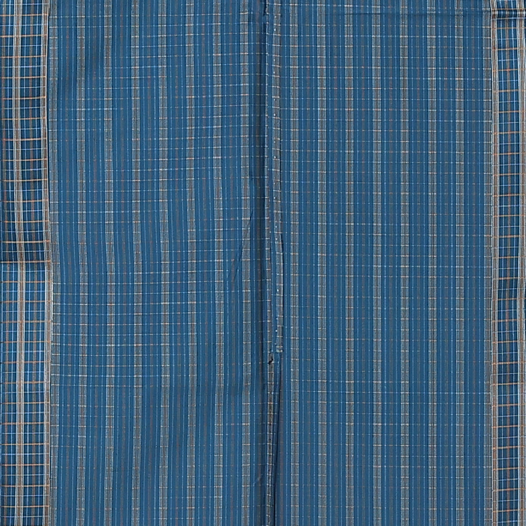 紬 単衣 身丈152cm 裄丈62cm 正絹 Sランク カジュアル 広衿 Sサイズ 格子 青系 RP 1223-12250
