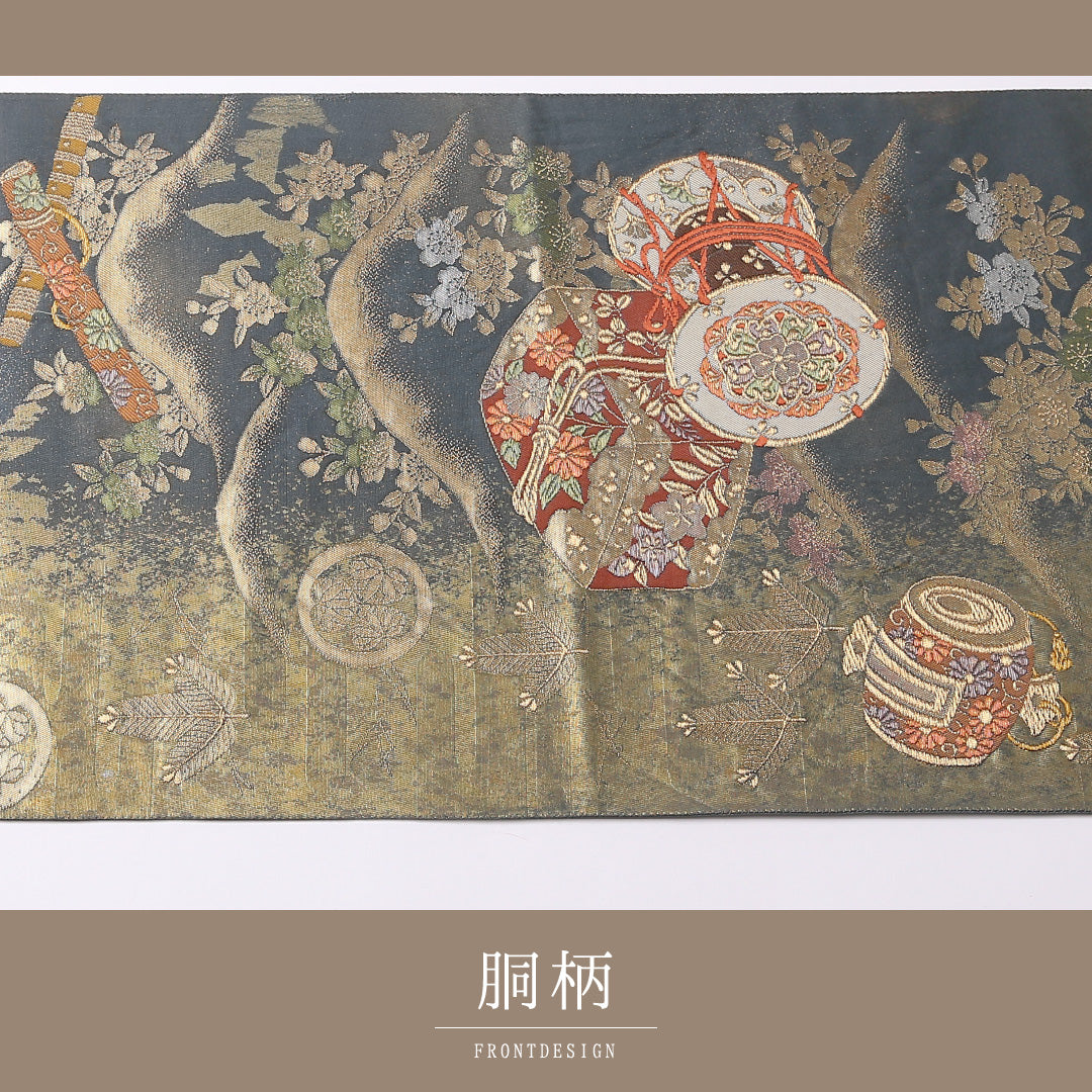 袋帯 帯丈428cm 六通 フォーマル Sランク 正絹 楽器 古典的 重厚感 緑系 1223-01494