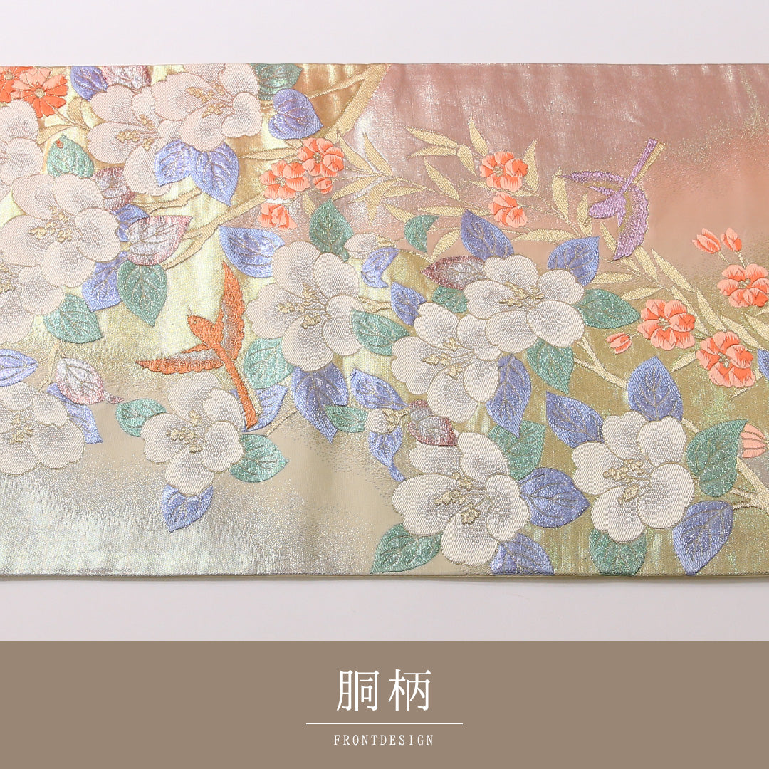 袋帯 帯丈424cm 六通 セミフォーマル Sランク 正絹 椿 写実的 気品 ピンク系 1223-01657