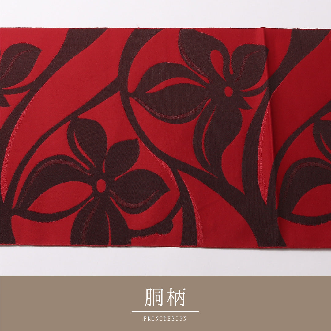 八寸名古屋帯 Sランク 帯丈372cm 正絹 六通 開き仕立て 染め カジュアル 塩瀬 花柄 赤系 LP 1245-02962