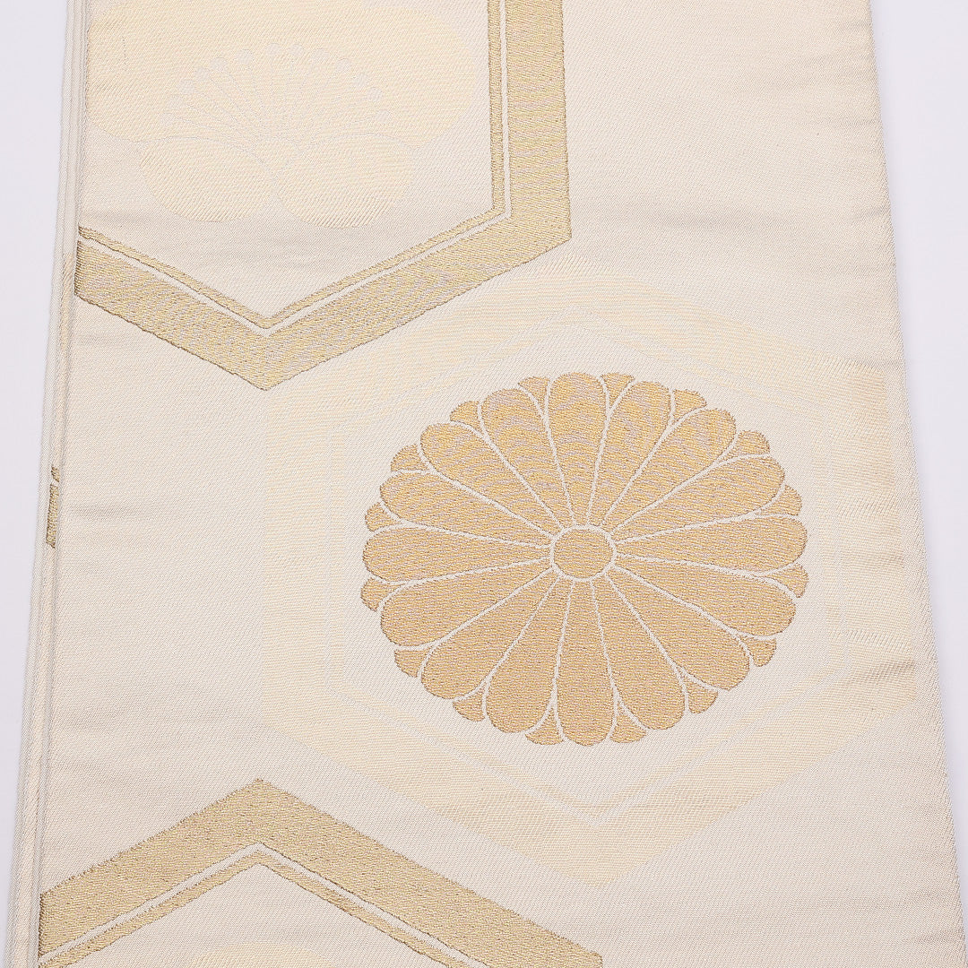 袋帯 帯丈440cm 六通 御所菊 梅 亀甲 金系 フォーマル クリーム系 正絹 Aランク 1223-00851