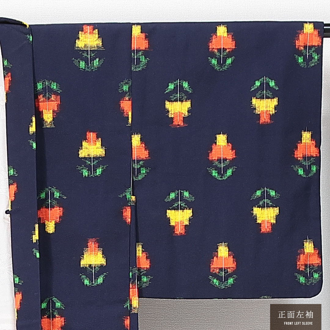 アンティーク 羽織（銘仙） 袷 身丈80cm 裄丈65cm 正絹 Aランク Mサイズ チューリップ 紺系 1217-14749