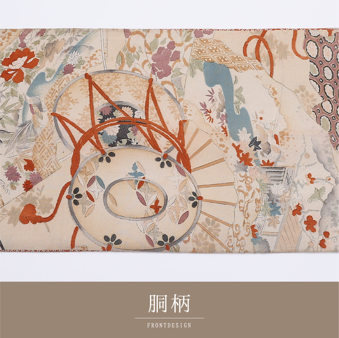 アンティーク 京袋帯 名古屋帯 帯丈370cm 全通 袋仕立て Cランク セミフォーマル リバーシブル 正絹 クリーム系 1224-01364