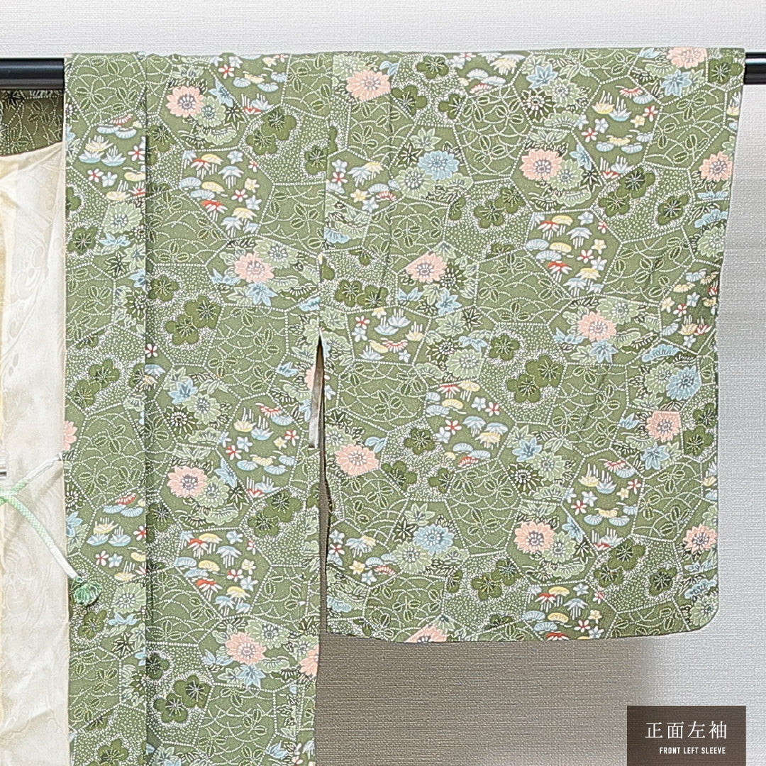 羽織 袷 身丈81cm 裄丈63cm 正絹 Sランク カジュアル Sサイズ 紐あり 松竹梅 緑系 RP 1232-14840
