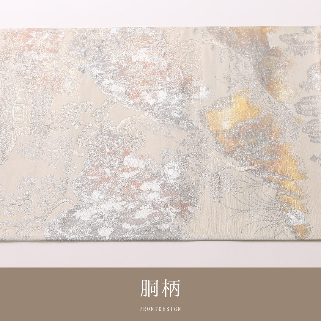 袋帯 帯丈430cm 正絹 六通 セミフォーマル 彩京錦 京洛百景 白系 銀系 1243-01661