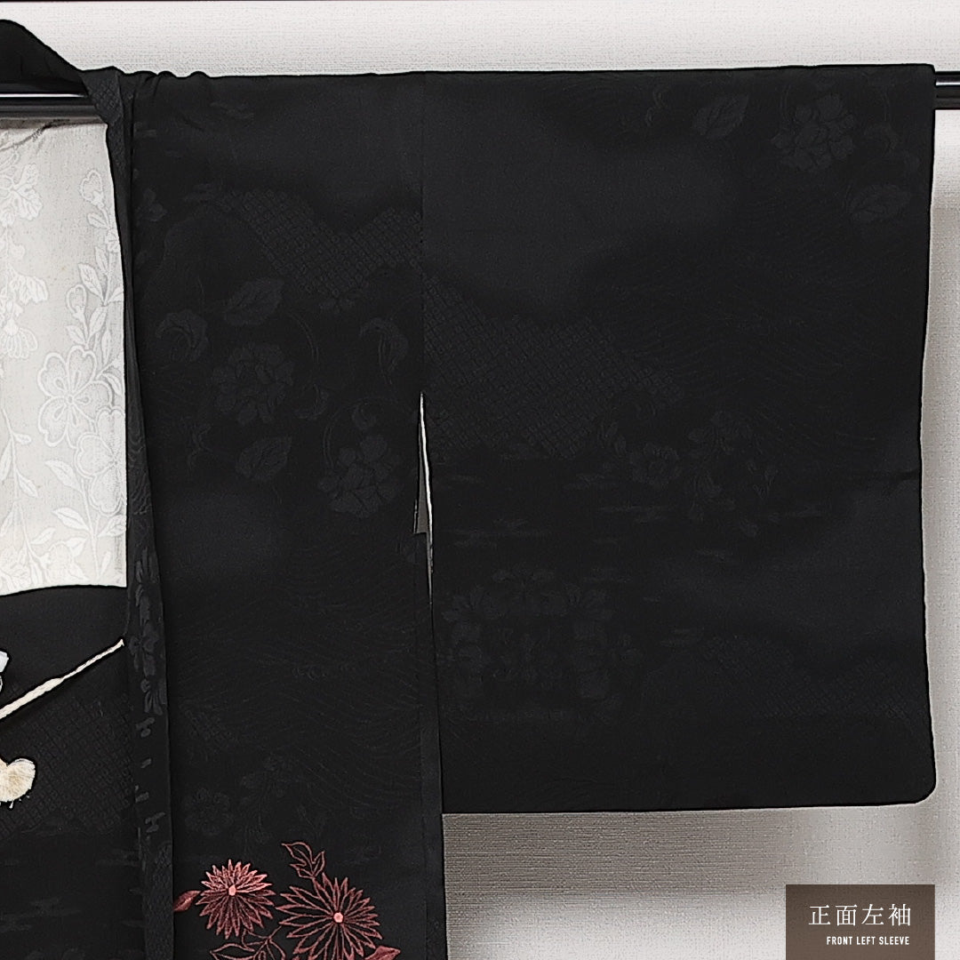 黒羽織 袷 身丈775cm 裄丈64cm 正絹 Aランク インフォーマル Mサイズ 刺繍 紐あり 菊 黒系 RP 1233-13744