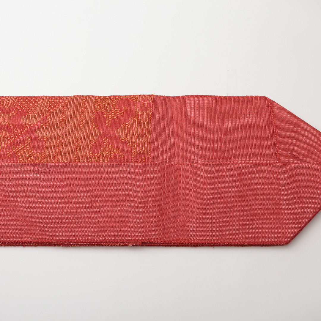 未使用品 八寸名古屋帯 （夏帯） Nランク 帯丈64cm 正絹 六通 名古屋仕立て 織り カジュアル 幾何学柄 朱系 GP 1245-02167