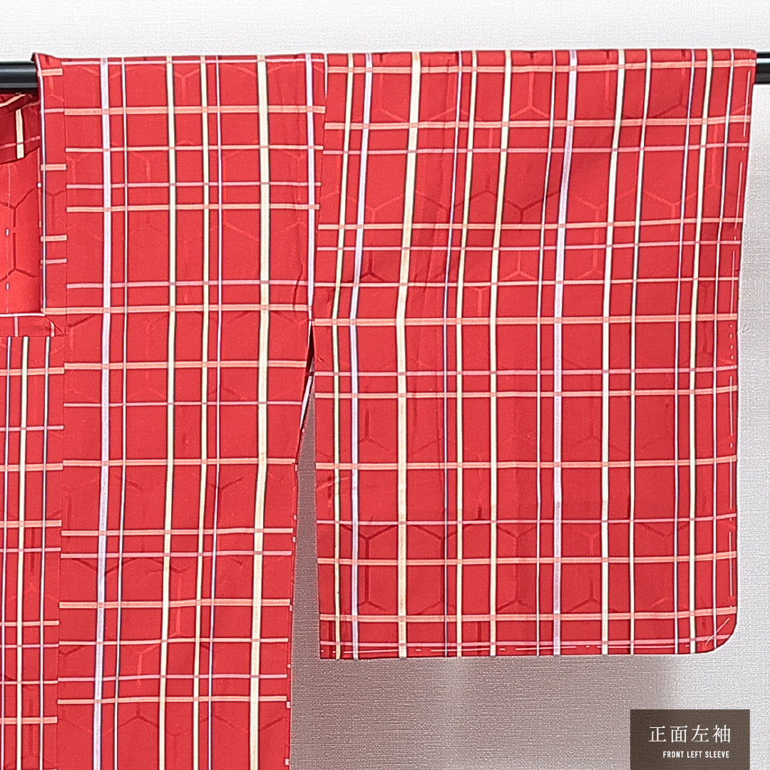 道行コート 袷 身丈128cm 裄丈62cm 正絹 Sランク セミフォーマル Sサイズ ポケットあり 格子 赤系 RP 1237-14838
