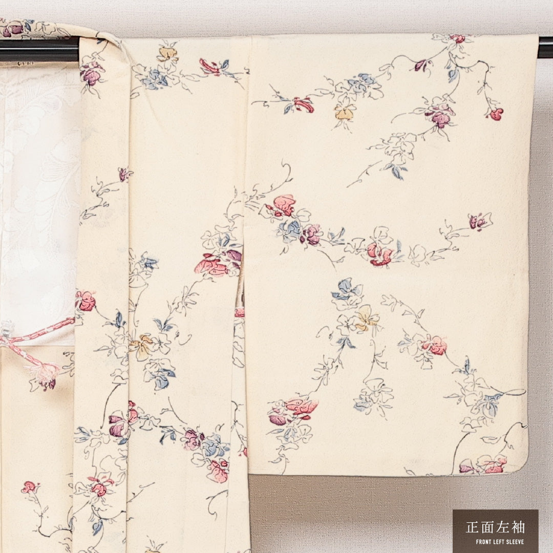 羽織 袷 身丈80cm 裄丈63cm 正絹 Sランク カジュアル Sサイズ 紐あり 花柄 クリーム系 RP 1232-13817