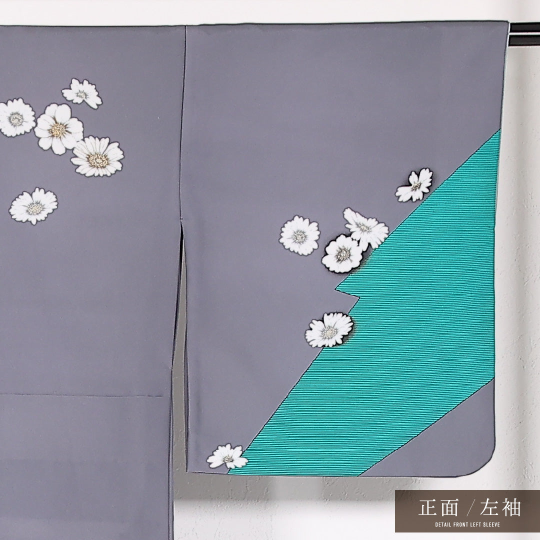 洗える着物 訪問着 単衣 身丈157cm 裄丈66cm ポリエステル Aランク 踊り用 バチ衿 Mサイズ 菊 グレー系 LP 1217-17512