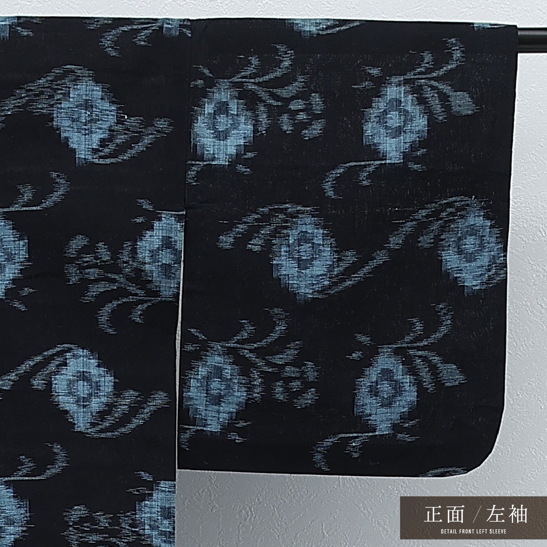アンティーク 夏物 洗える着物 木綿の紬 夏紬 身丈142cm 裄丈61cm 木綿 Aランク バチ衿 XSサイズ 肩当て 植物柄 紺系 RP 1223-17247