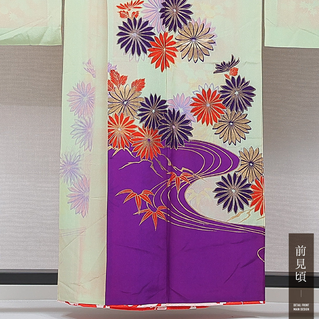 振袖 胴抜き 身丈155cm 裄丈60cm 正絹 Cランク フォーマル バチ衿 Mサイズ 流水 菊 笹 緑系 LP 1215-07002