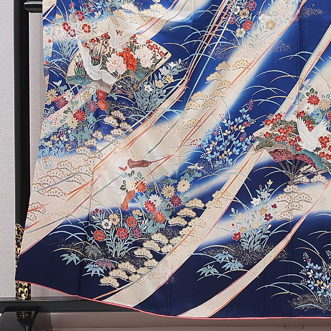 振袖 袷 身丈158cm 裄丈63cm 正絹 Aランク フォーマル 広衿 Mサイズ 金駒刺繍 扇面文 鶴 牡丹 青系 RP 1215-06995