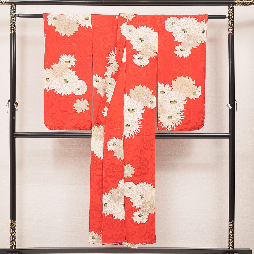 アンティーク 小振袖 (錦紗) 袷 身丈146cm 裄丈60cm 正絹 Aランク バチ衿 XSサイズ 菊 赤系 RP 1216-07106
