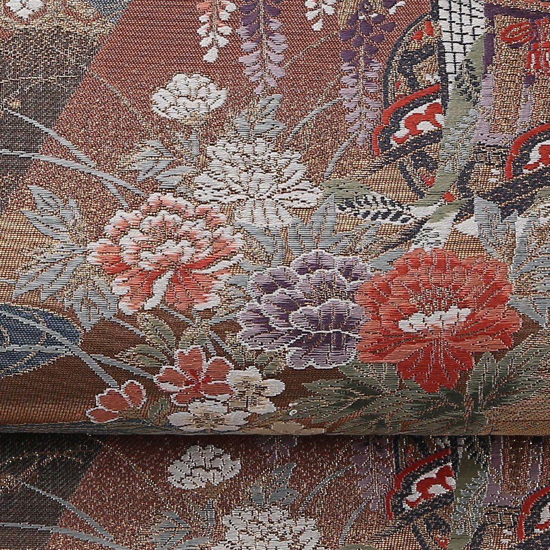 花車 袋帯 帯丈432cm 正絹 六通 フォーマル 茶系 ベージュ系 1243-02636