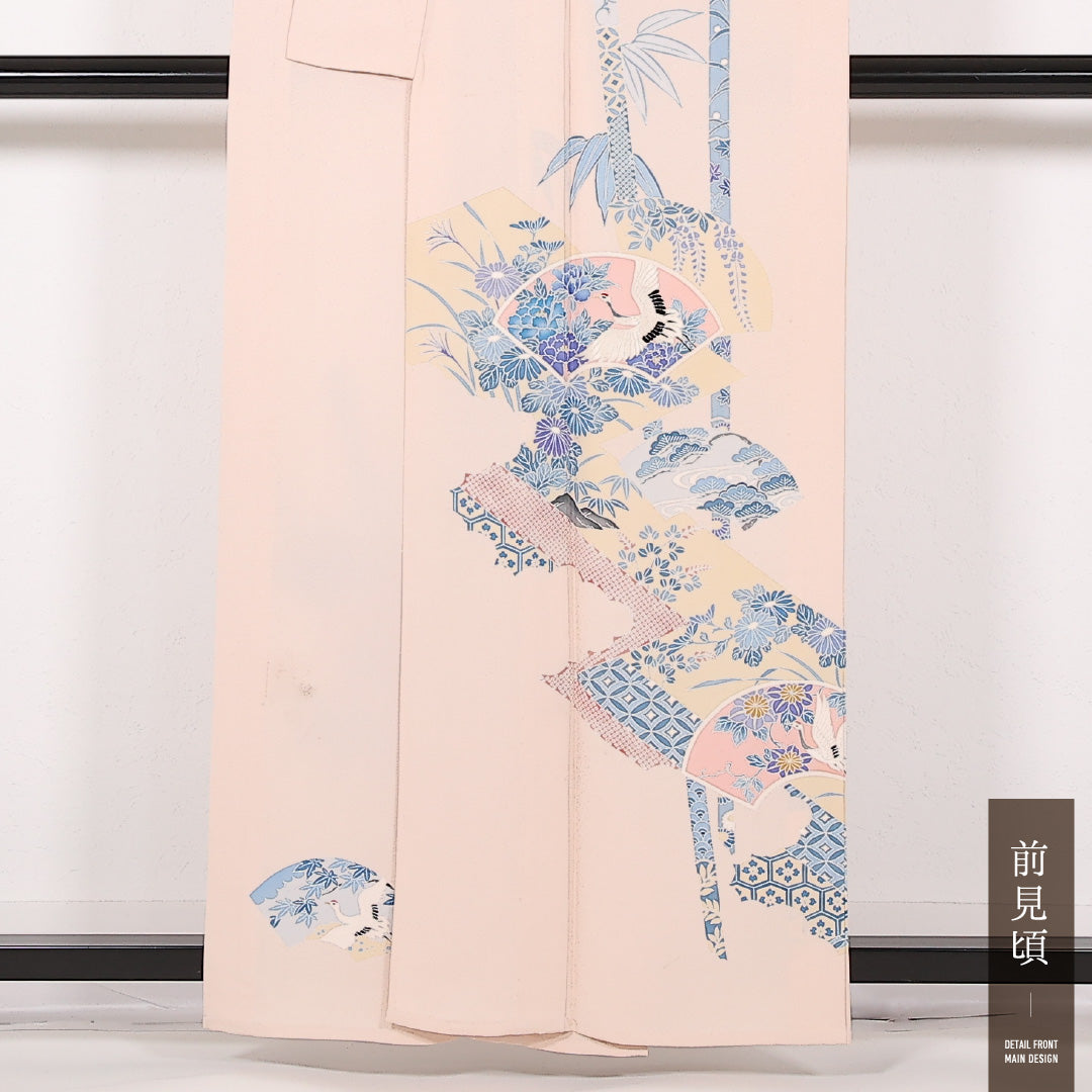 訪問着 単衣 身丈158cm 裄丈63cm 正絹 Bランク セミフォーマル 広衿 XLサイズ 刺繍 扇面文 鶴 ピンク系 RP 1217-17521