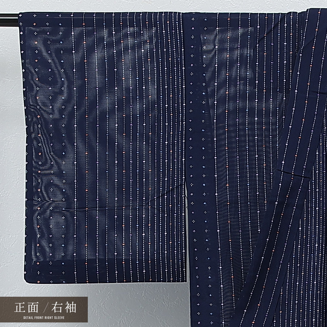 夏物 洗える着物 小紋 絽 身丈146cm 裄丈62cm ポリエステル Sランク インフォーマル バチ衿 XLサイズ 居敷当て 肩当て 創作柄 紺系 RP 1221-17274