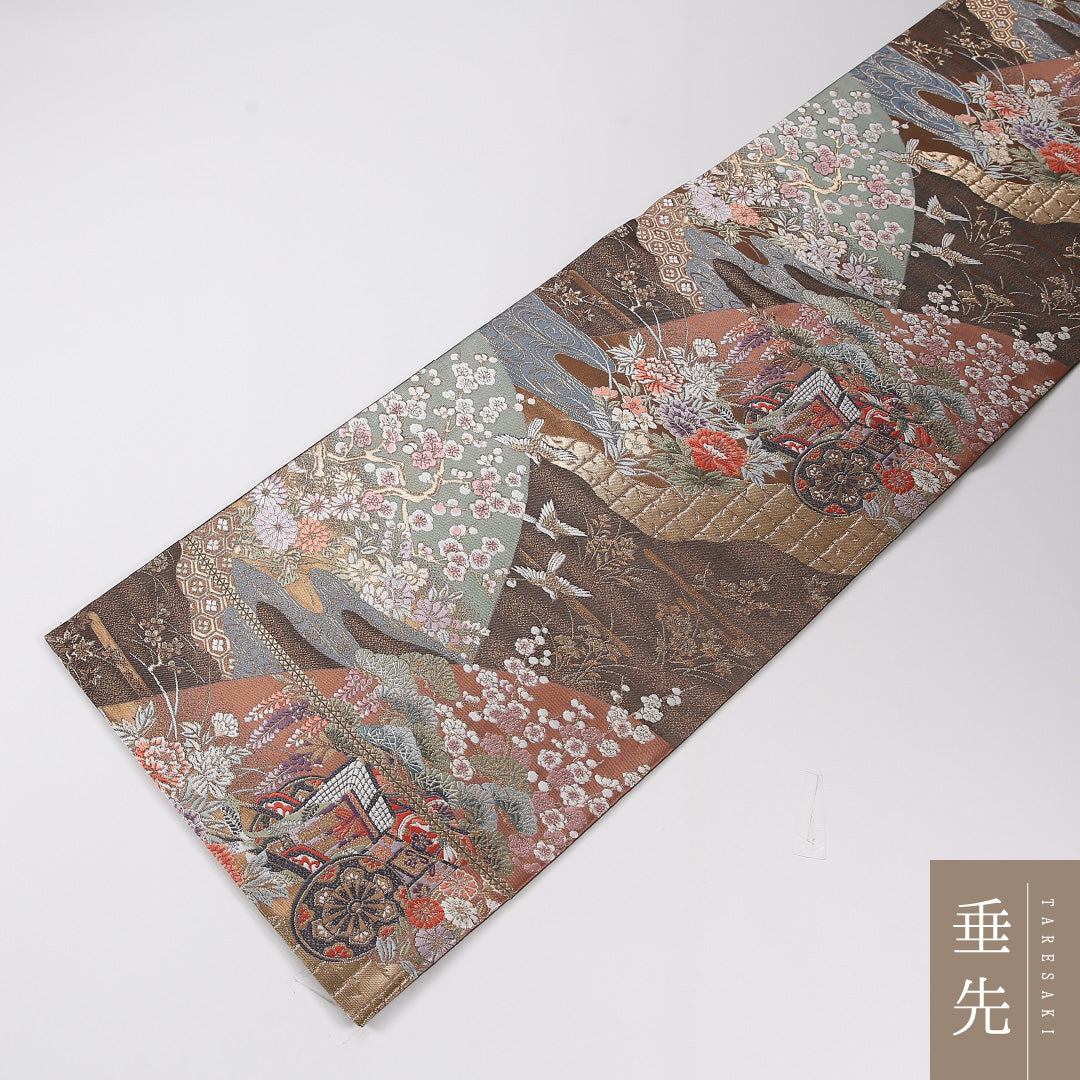 花車 袋帯 帯丈432cm 正絹 六通 フォーマル 茶系 ベージュ系 1243-02636