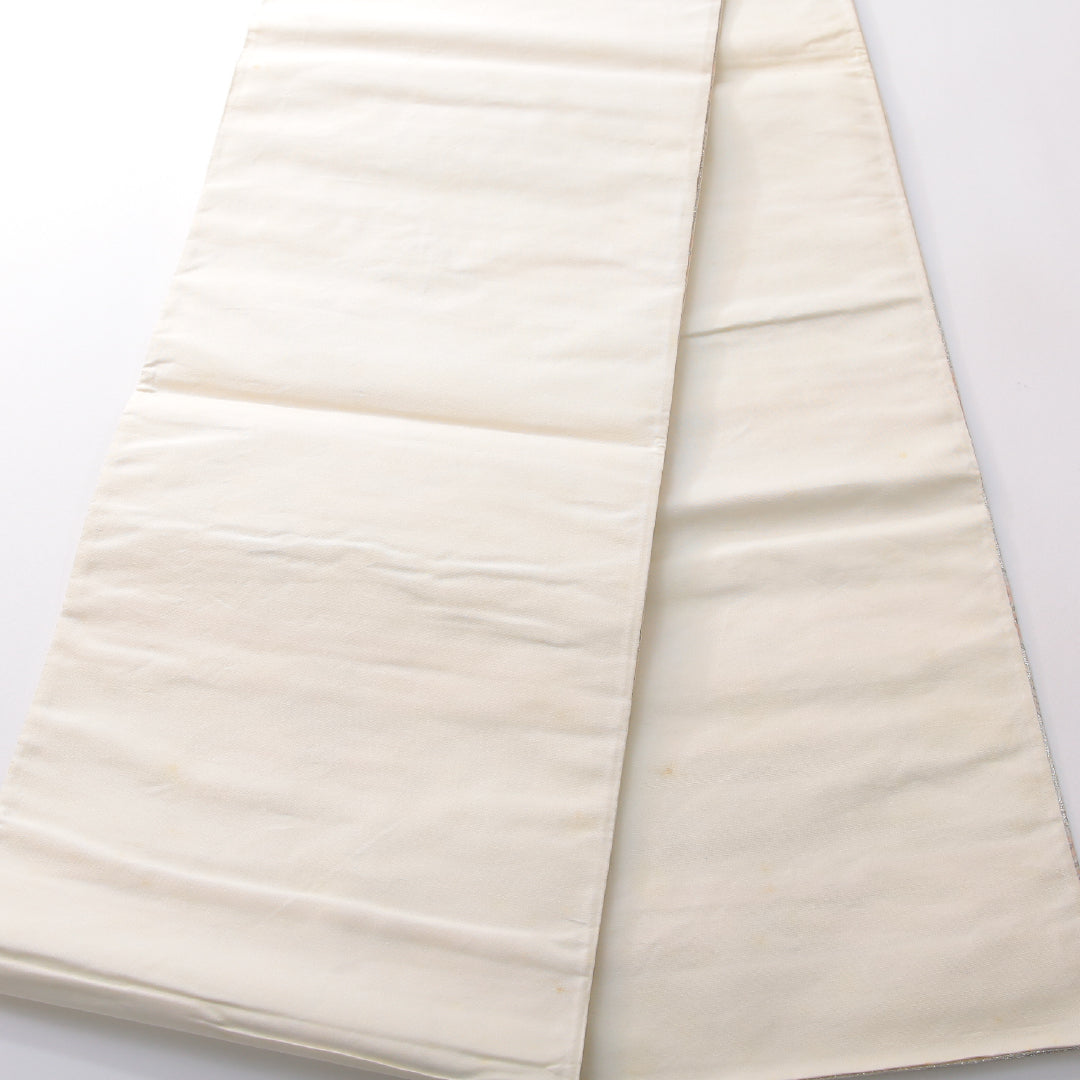 袋帯 帯丈424cm フォーマル 六通 帯芯なし Cランク 正絹 鳳凰 毘沙門亀甲 クリーム系 銀系 1223-02164