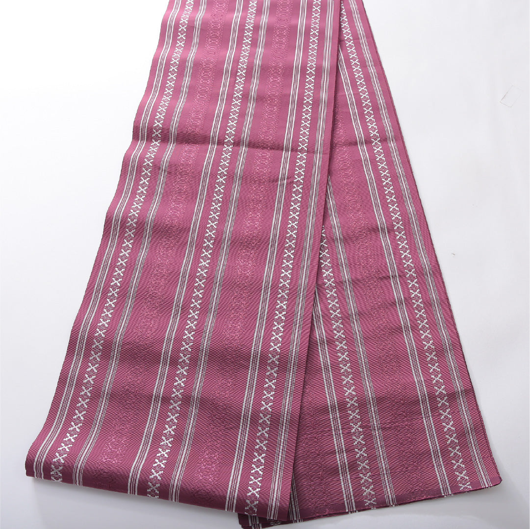 八寸名古屋帯 帯丈394cm インフォーマル 開き仕立て 全通 未仕立て 帯芯なし Sランク 正絹 本場筑前博多織 献上柄 ピンク系 1224-03886