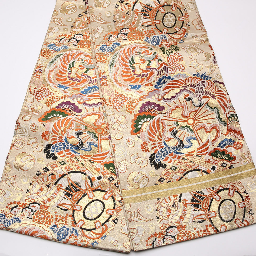 アンティーク 丸帯 帯丈412cm 正絹 全通 向かい鳥 鼓 丸文 クリーム系 1242-01055