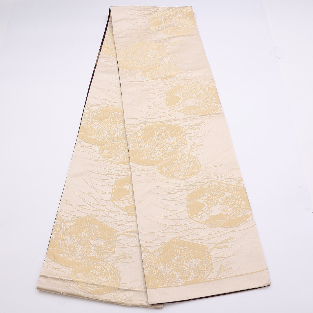 袋帯 帯丈424cm 全通 宝箱 昼夜帯 リバーシブル 金銀糸 セミフォーマル 紫系 正絹 Aランク 1223-00885