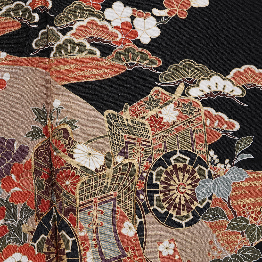 黒留袖 五つ紋 三つ柏 身丈165cm 裄丈64.5cm Sランク 正絹 袷 比翼 広衿 XL 吉祥文様 御所車 牡丹 フォーマル 黒系 1211-F0316